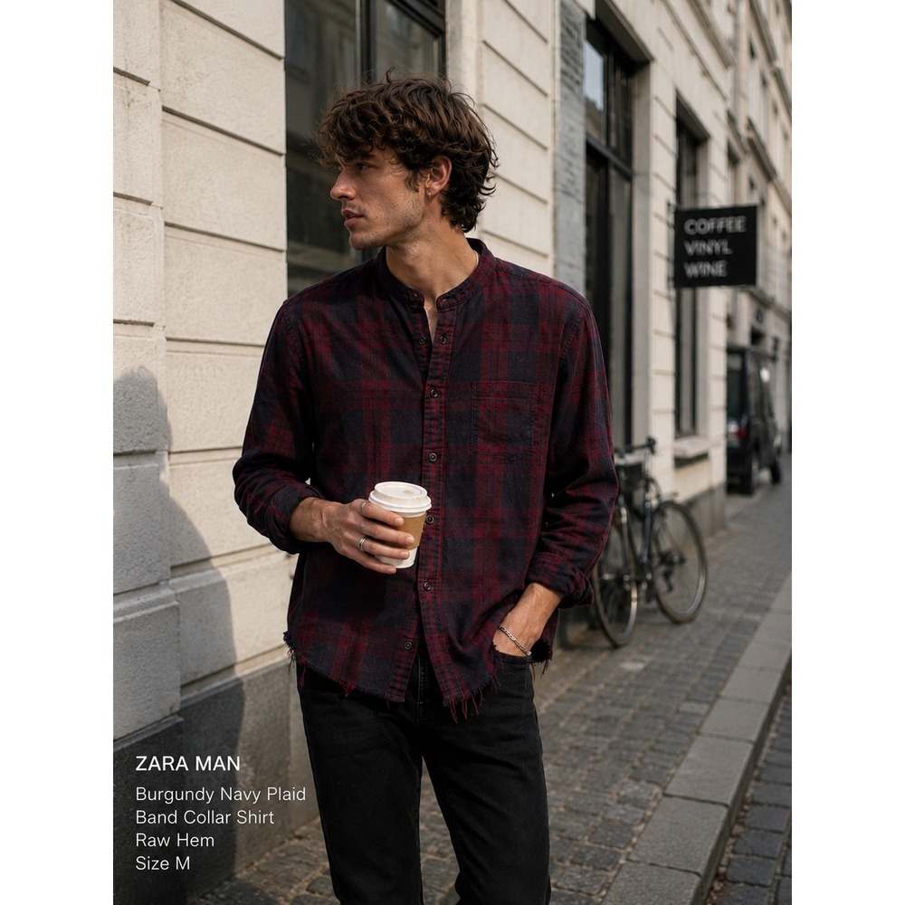 Zara Man Burgundy Navy Plaid Band Collar Shirt Raw Hem‎ Grunge Indie Flannel M